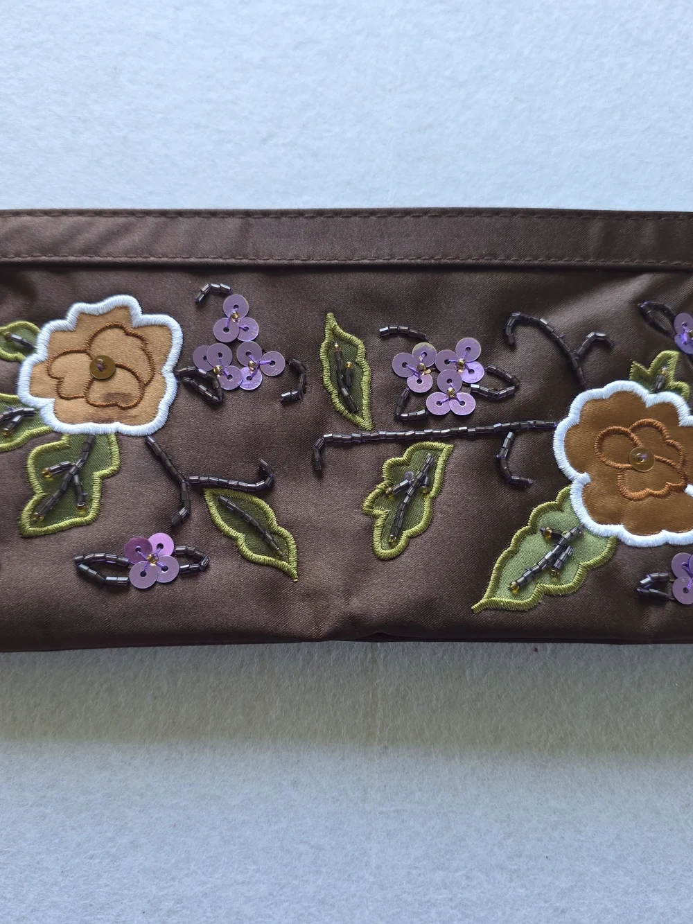 Embroidered Brown Floral Cosmetic Pouch